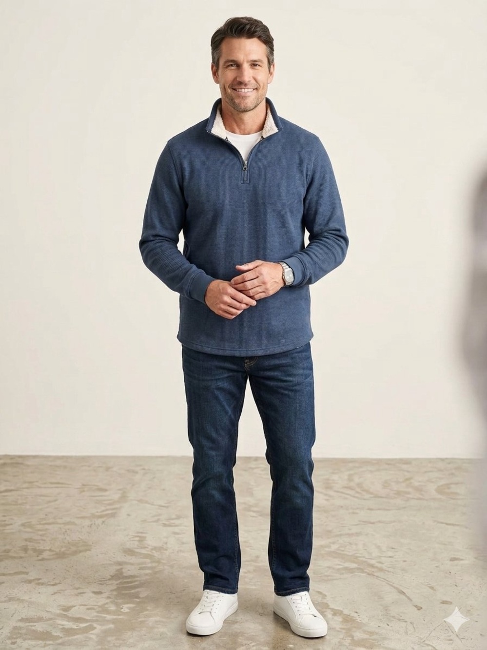 Men's Half-Zip Sweater Pullover in Blue with Sherpa Collar